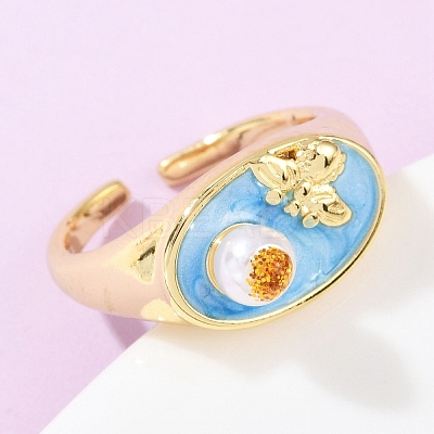 Brass Sky Blue Enamel Flower Cuff Rings RJEW-C139-17B-G-1