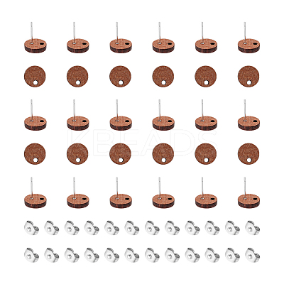 30Pcs Flat Round Walnut Wood Stud Earring Findings MAK-UN0001-48-1