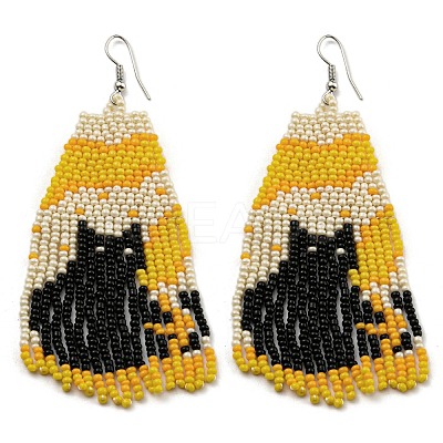 Boho Seed Bead Halloween Black Cat Tassel Earrings EJEW-Q380-05-1