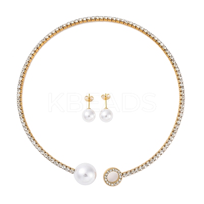 Round Plastic Imitation Pearl Stud Earrings & Cubic Zirconia Rhinestone Cuff Choker Necklaces Sets SJEW-U003-05G-1