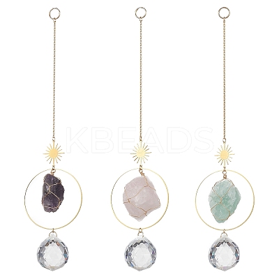 3Pcs Nuggets Natural Amethyst & Fluorite & Rose Quartz & Glass Round Hanging Suncatchers HJEW-JM04660-1