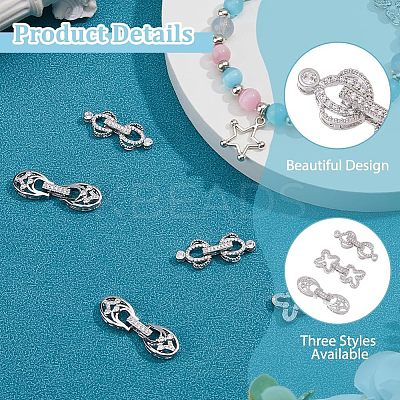 6Pcs 3 Styles Rack Plating Brass Micro Pave Clear Cubic Zirconia Fold Over Clasps KK-HS0001-01P-1