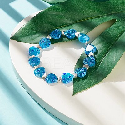 Handmade Millefiori Lampwork & Alloy Heart Beaded Stretch Bracelet BJEW-JB08042-02-1