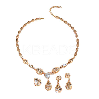 Teardrop Alloy Rhinestone Pendant Necklaces & Stud Earring & Rings Sets for Women FS-WG09A79-01-1