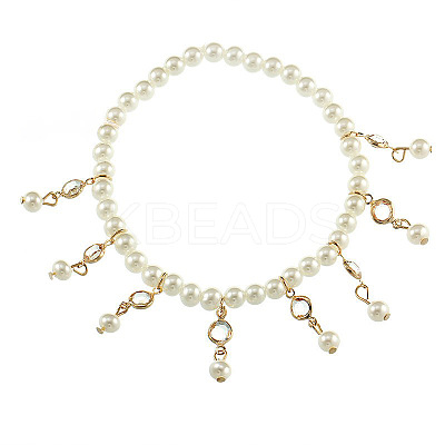Bohemian Style White Plastic Pearl Round Beaded Alloy Crystal Flat Round Tassel Stretch Anklets for Women FS-WG41F6F-01-1