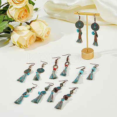 6 Pairs 6 Styles Ethnic Polyester Tassel Dangle Earrings EJEW-FI0003-03-1