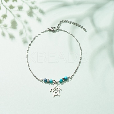 304 Stainless Steel Turtle Charm Anklet with Round Natural White Jade Beads for Women AJEW-AN00498-04-1