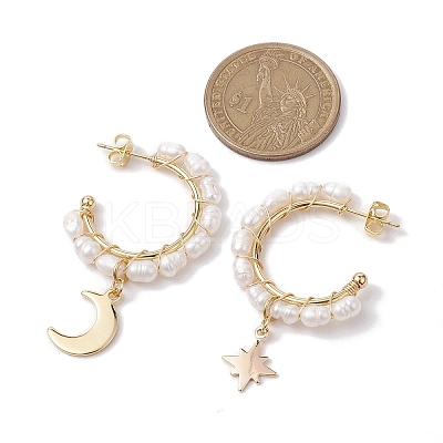 Moon & Star Natural Pearl Dangle Half Hoop Earrings EJEW-JE05895-01-1