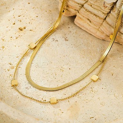 304 Stainless Steel Square Double Layered Necklaces for Women NJEW-U031-06G-1