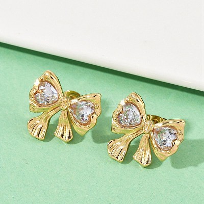 Bowknot 304 Stainless Steel Glass Stud Earrings EJEW-M105-02G-1