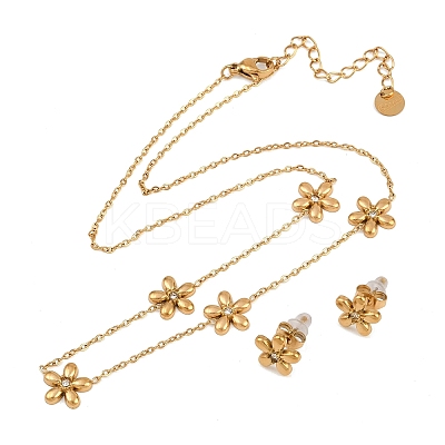 Flower 304 Stainless Steel Rhinestone Necklaces & Stud Earrings Sets for Women SJEW-K003-02G-1