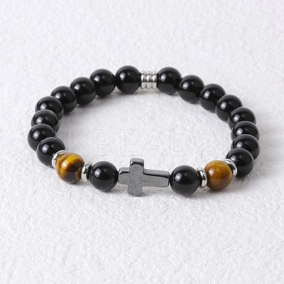 Round Natural Tiger Eye & Black Onyx & Cross Synthetic Non-magnetic Hematite Stretch Beaded Bracelet for Men LK6258-1-1