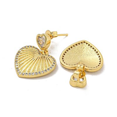 Heart Brass Pave Clear Cubic Zirconia Stud Earrings EJEW-N054-41G-1