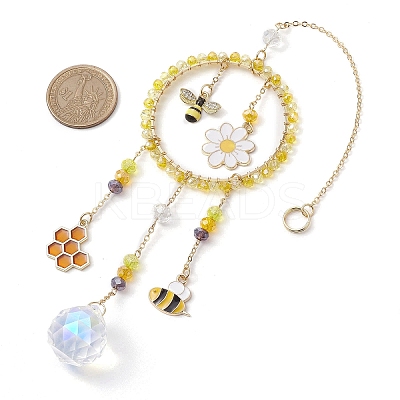 Alloy Enamel Bee Flower & Glass Beads Ring Pendant Decorations HJEW-TA00240-1