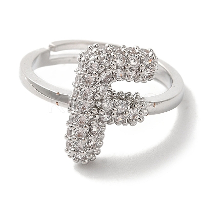 Rack Plating Letter Brass Micro Pave Clear Cubic Zirconia Adjustable Rings for Women KK-S391-03G-F-1