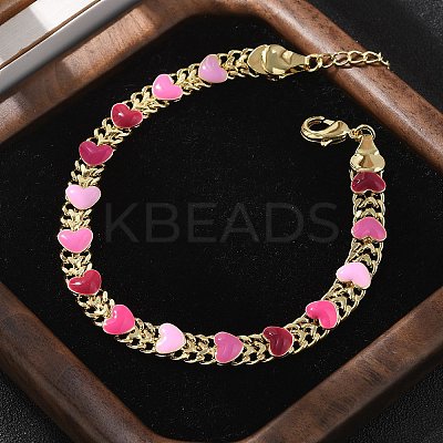 Heart Brass Enamel Link Chain Bracelets for Women BJEW-B125-04G-1