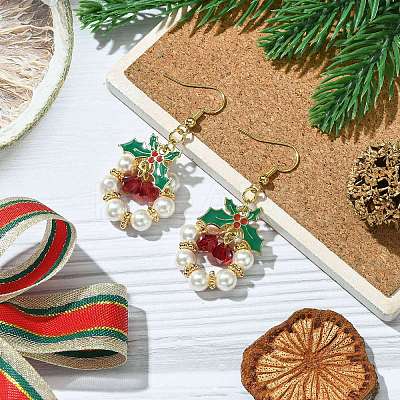 Christmas Theme Imitation Austrian Crystal & Round Shell Pearl Dangle Earrings EJEW-TA00467-1