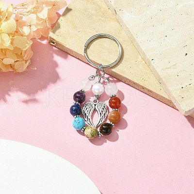 7 Chakra Gemstone Bead Pendant Keychain with Tibetan Style Alloy Charm KEYC-JKC00539-04-1