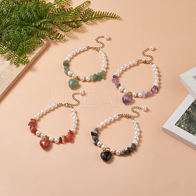 4Pcs 4 Style Natura Mixed Gemstone & Shell Beaded Bracelets Set with Heart Charms for Women BJEW-TA00242-1