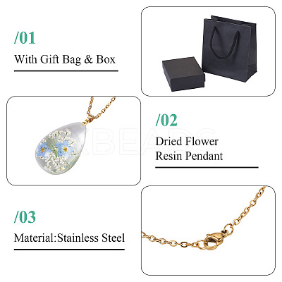 1Pc Dried Flower Stainless Steel Cable Chain Necklaces NJEW-TA0001-19B-1