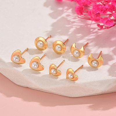 4 Pairs Elegant Pearl Heart & Moon & Flat Round Stud Earrings ZY4525-1