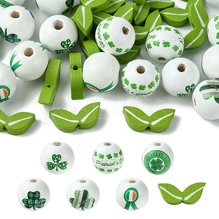 40Pcs 4 Styles Saint Patrick's Day Theme Spray Painted Natural Wood Beads WOOD-FS0001-13-1