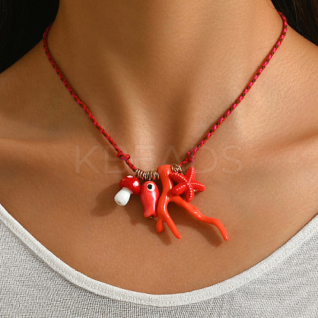 Summer Beach Porcelain Coral Fish Starfish Mushroom Pendant Cotton Cord Necklaces FS-WGEA949-01-1