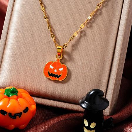 304 Stainless Steel Enamel Halloween Pumpkin Pendant Dapped Chain Necklaces BZ8585-1