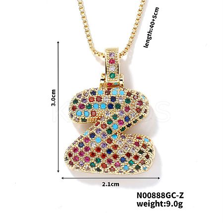 Brass Pave Colorful Cubic Zirconia Letter Pendant Box Chain Necklaces NU0575-26-1