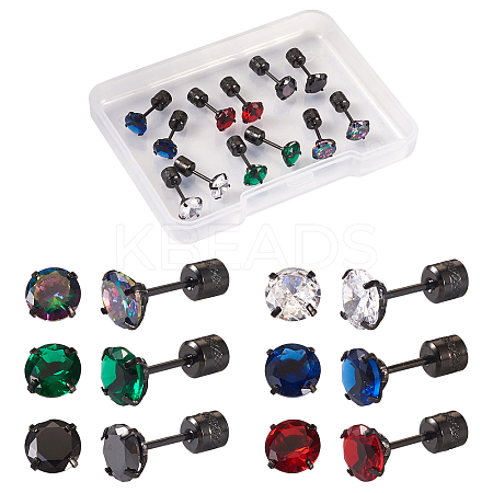 12Pcs 6 Colors Cubic Zirconia Diamond Stud Earrings EJEW-TA0001-09-1