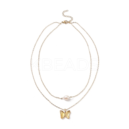 Glass Butterfly & Natural Pearl Pendants Double Layer Necklace with Clear Cubic Zirconia NJEW-TA00043-04-1