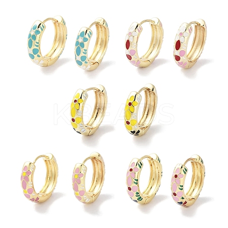Real 18K Gold Plated Brass Enamel Flower Print Hoop Earrings for Women EJEW-L269-116G-1