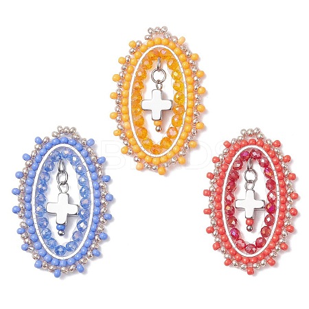 3Pcs Glass Seed Beaded Oval with Cross Pendants PALLOY-MZ01000-1