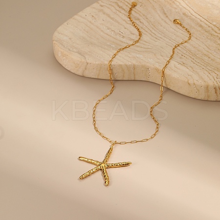 304 Stainless Steel Starfish Pendant Necklaces for Women NJEW-C107-01G-1