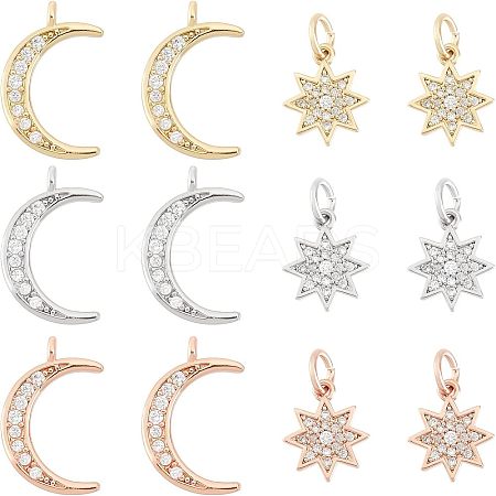 12Pcs 6 Style Brass Micro Pave Clear Cubic Zirconia Charms KK-FH0003-88-1