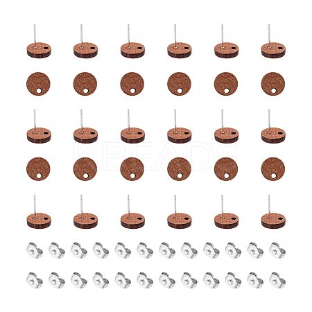 30Pcs Flat Round Walnut Wood Stud Earring Findings MAK-UN0001-48-1
