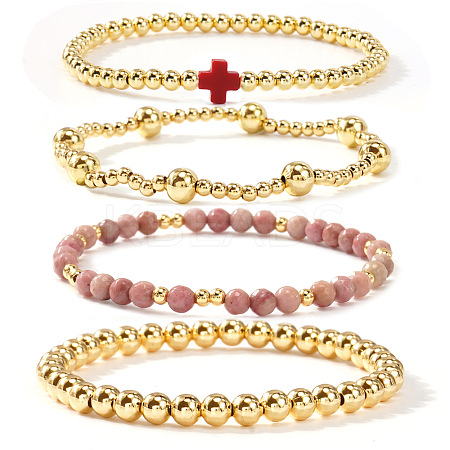 4Pcs Golden Brass & Glass Round Beaded Bracelet Sets XG4611-4-1