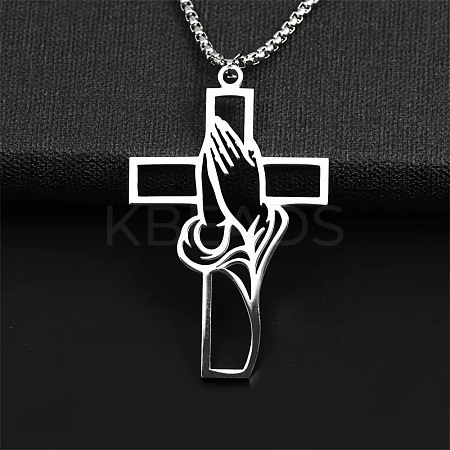 Hollow Cut Cross with Praying Hand 201 Stainless Steel Pendant Necklaces for Men FS-WG70CE0-01-1