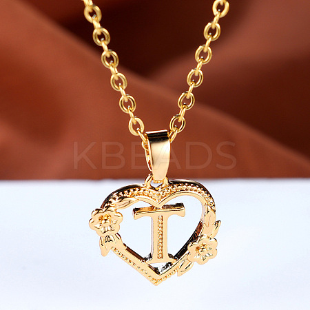 Brass Rose Flower Heart with Letter Pendant Cable Chain Necklaces FS-WG42461-20-1