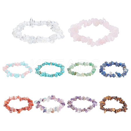 10Pcs 10 Style Unisex Natural & Synthetic Chip Gemstone Beaded Stretch Bracelets BJEW-GA0001-02-1