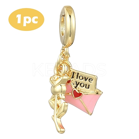 1Pc Valentine's Day Brass Pink Enamel European Dangle Charms KK-YW0002-63-1