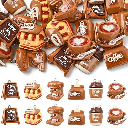 24Pcs 6 Styles Coffee Theme Opaque Resin Pendants RESI-YW0006-18-1