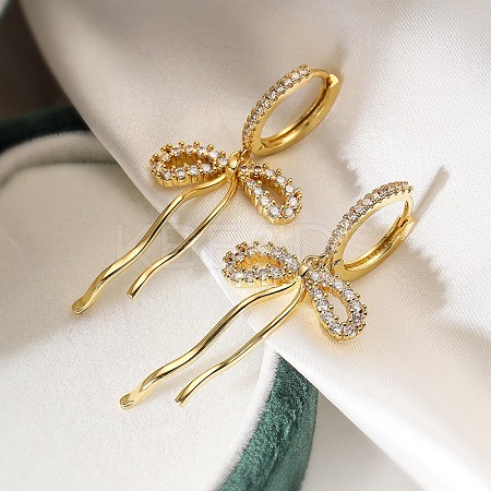 Bowknot Brass Micro Pave Clear Cubic Zirconia Hoop Earrings for Women EJEW-A110-03G-1
