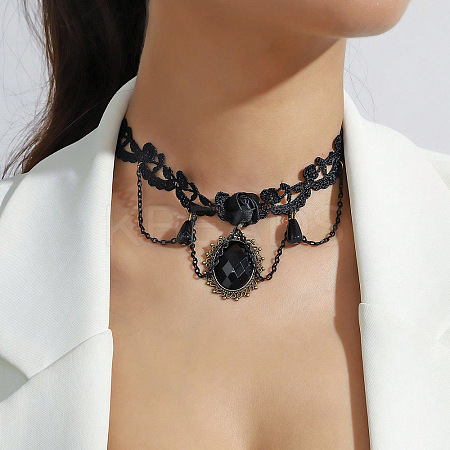 Gothic Alloy Rhinestone Black Lace Oval Choker Necklaces for Women FS-WG02494-05-1