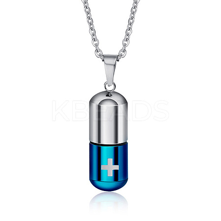 Two Tone 316L Stainless Steel Pill with Cross Urn Ashes Pendant Necklace with Cable Chains BOTT-PW0001-010PBU-1