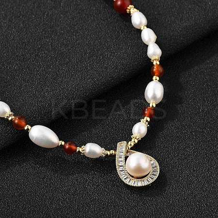 Brass Glass & Pearl Teardrop Pendant Necklaces NJEW-P325-01G-1