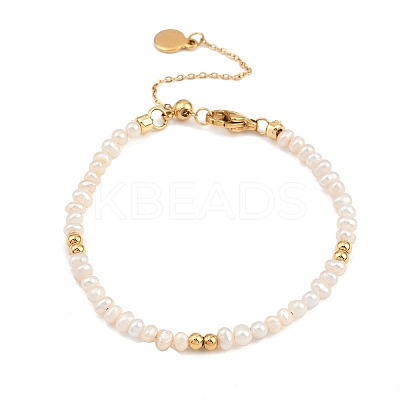 Brass & Natural Pearl Round Beaded Bracelets for Women BJEW-D366-02G-1