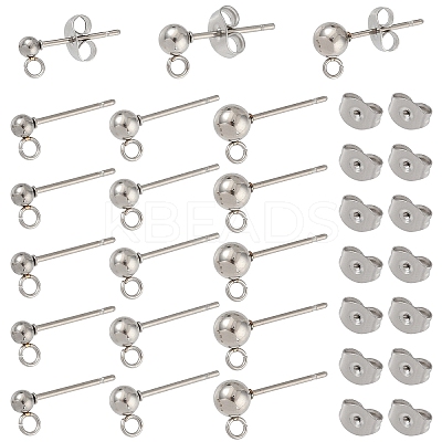100Pcs 3 Styles Original Color 304 Stainless Steel Ball Post Stud Earring Findings STAS-YW0003-06-1