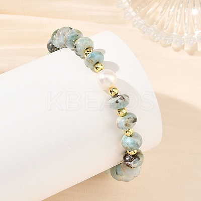 Natural Larimar Rondelle Beaded Stretch Bracelets with Natural Pearl BJEW-JB14432-1