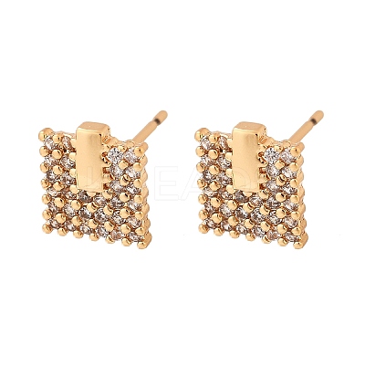 Square Brass Micro Pave Clear Cubic Zirconia Stud Earrings for Women EJEW-G428-12G-02-1